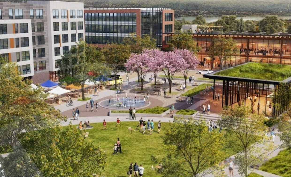 image of farmers market cherry trees in bloom, splash pad and parks