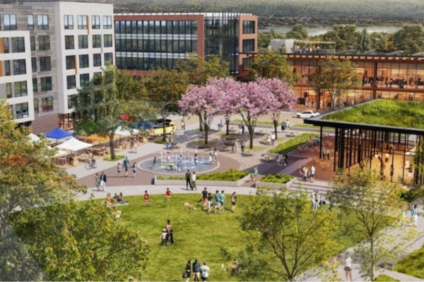 image of farmers market cherry trees in bloom, splash pad and parks