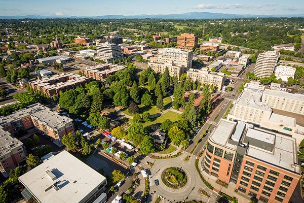 Aerial view of downtown Vancouver centered on Esther Short Park