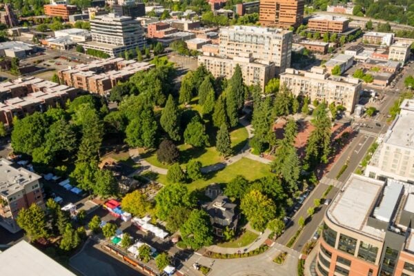 Aerial view of Esther Short Park and downtown Vancouver.