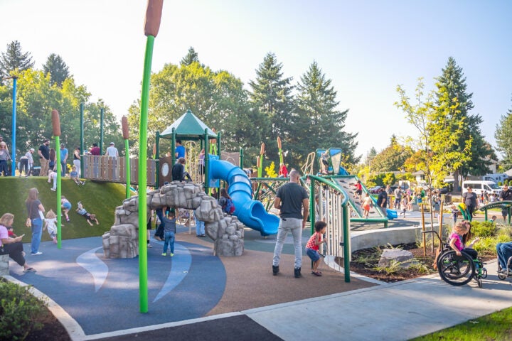 Kids playing on a bright playground with a large hill, slides, musical instruments and wetlands-themed decoration.