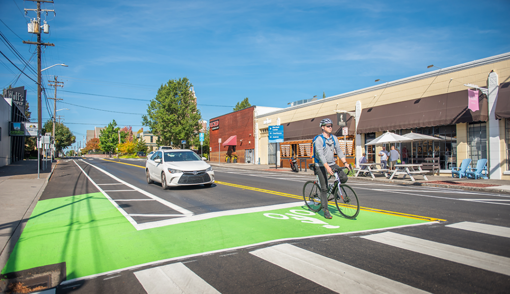 Bike and Car on Columbia with Green Bike Box