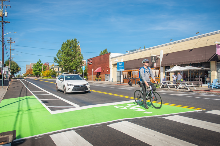 Bike and Car on Columbia with Green Bike Box