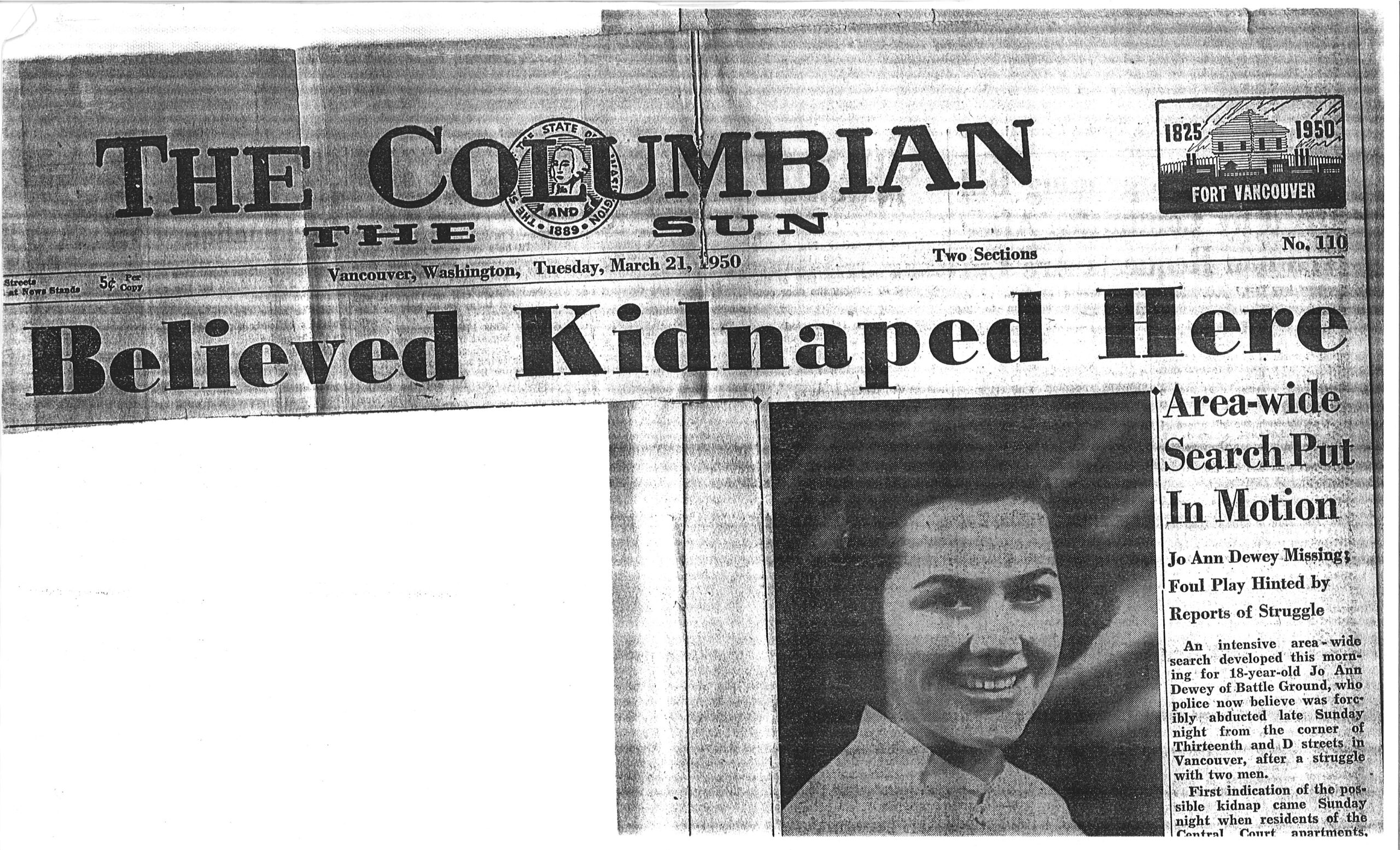 " Jo Ann Dewey Believed Kidnaped Here" The Columbian The Sun newpaper article from March 21, 1950