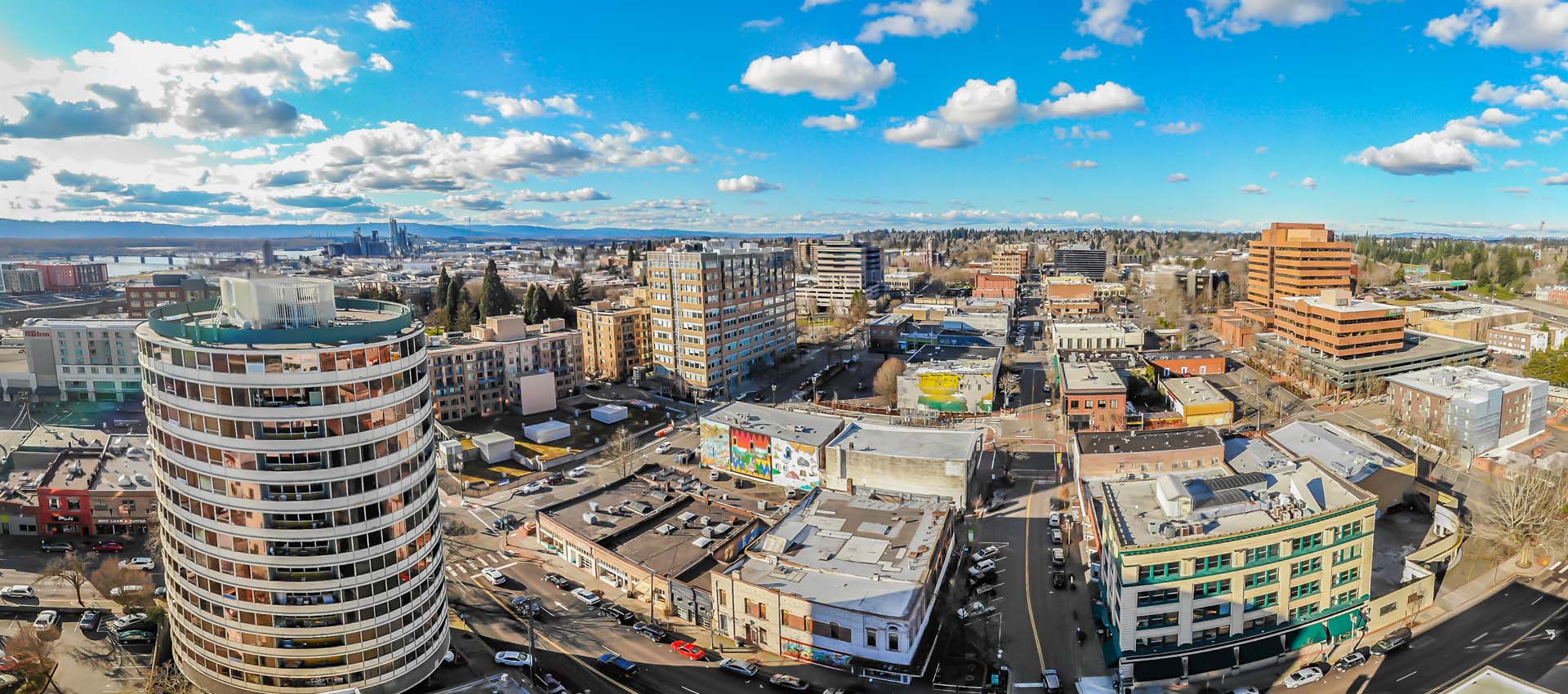 Fisheye aerial image of downtown Vancouver buildings