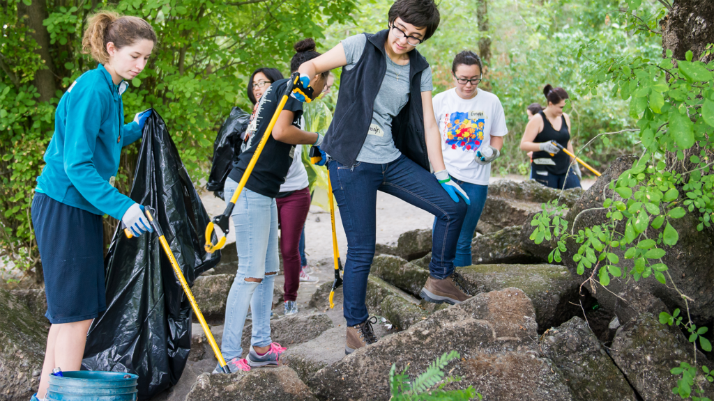 Students cleaning up the beach and surrounding areas