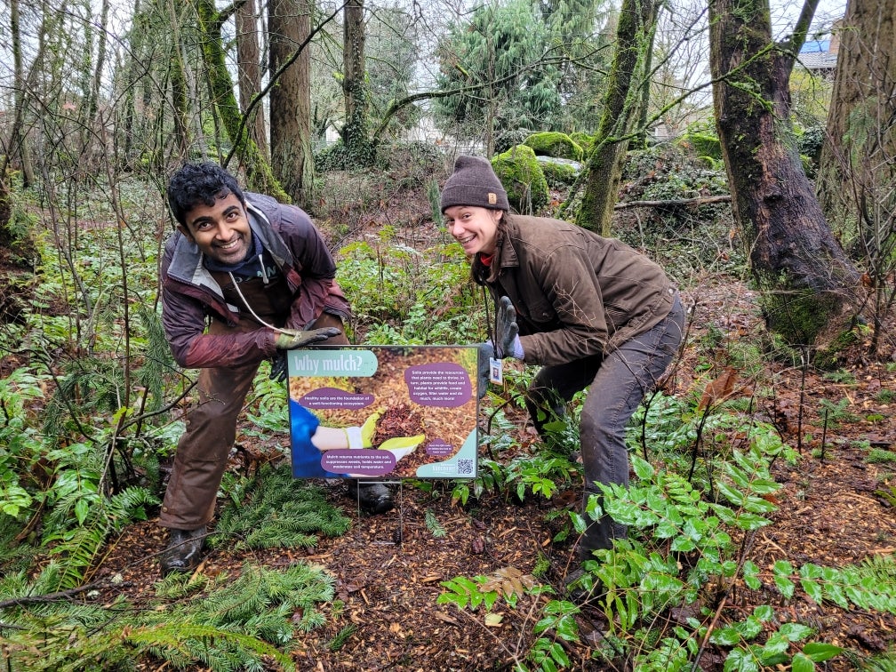 two volunteers crouch next to a sign about the benefits of mulch surrounded by trees and ferns