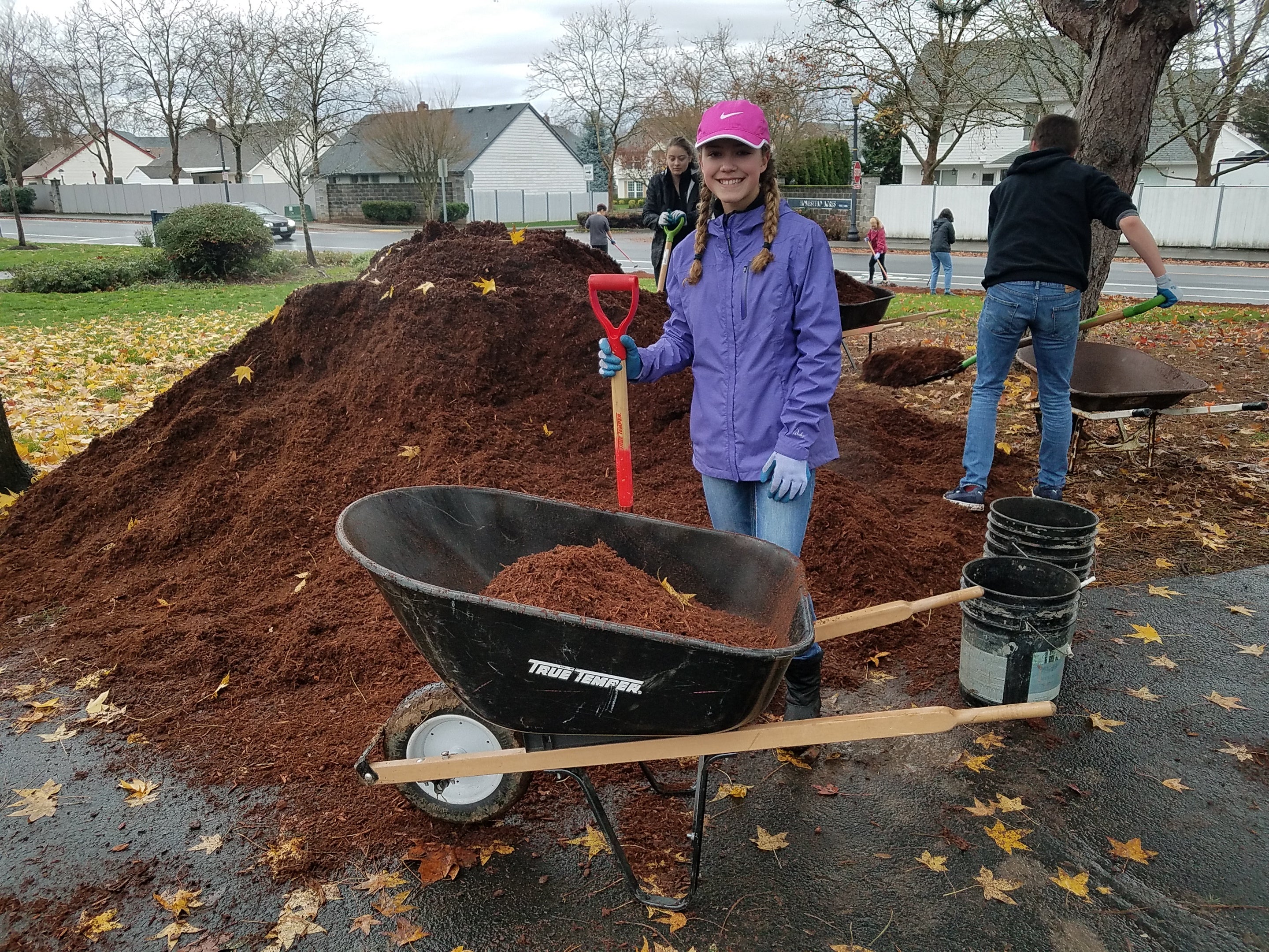 A volunteer in a purple jacket poses with a shovel next to a mulch pile and wheelbarrow