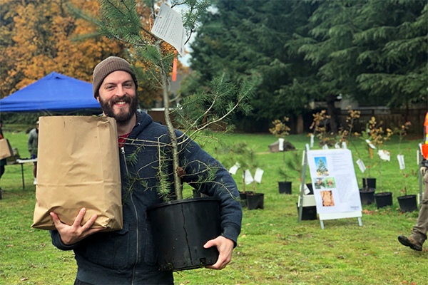 Man picks up tree at a tree giveaway