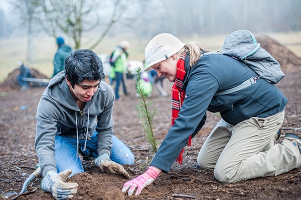 young man and woman covering a freshly planted tree on mlk day