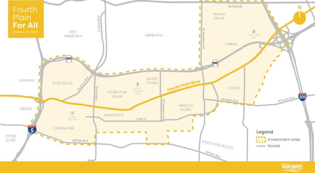 Fourth Plain For All map highlights investment area that runs west to east from I-5 to I-205, in areas between SR-500 to the north and Mill Plain Blvd to the south, along Fourth Plain Blvd.