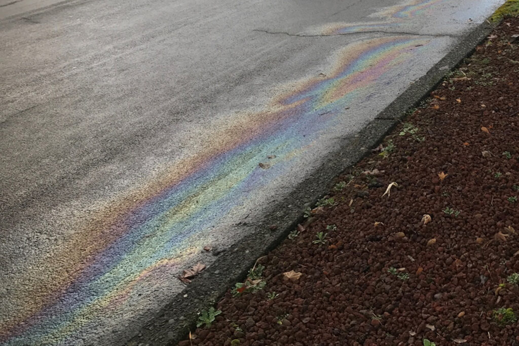 An oil spill lines a roadway
