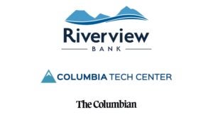 Business logos for Riverview Bank, Columbia Tech Center, and The Columbian on a white background