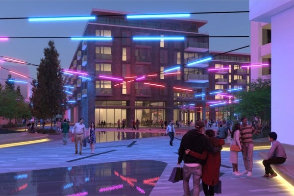 Waterfront Gateway public plaza evening rendering
