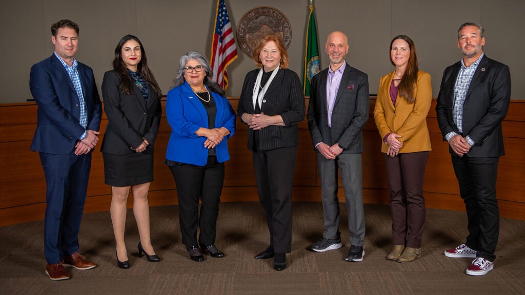 City Council portrait featuring Councilmember Bart Hansen, Councilmember Kim D. Harless, Councilmember Diana H. Perez, Mayor Anne McEnerny-Ogle, Councilmember Ty Stober, Councilmember Sarah J. Fox, Mayor Pro Tem Erik Paulsen
