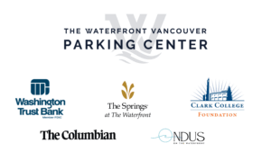 Logos for The Waterfront Vancouver Parking Center, Washington Trust Bank, The Springs, Clark College Foundation, The Columbian, and ONDUS
