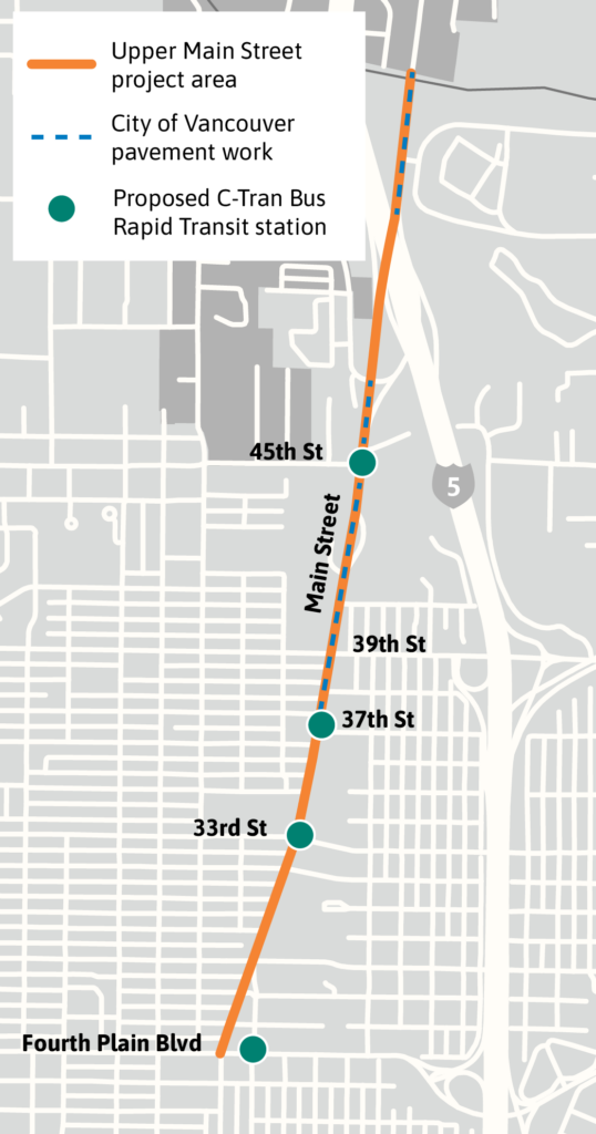 Upper Main Street Project area map showing the project area, the pavement work extents and future C-TRAN Vine stations at Fourth Plain Boulevard, 33rd Street, 37th Street, and 45th Street.