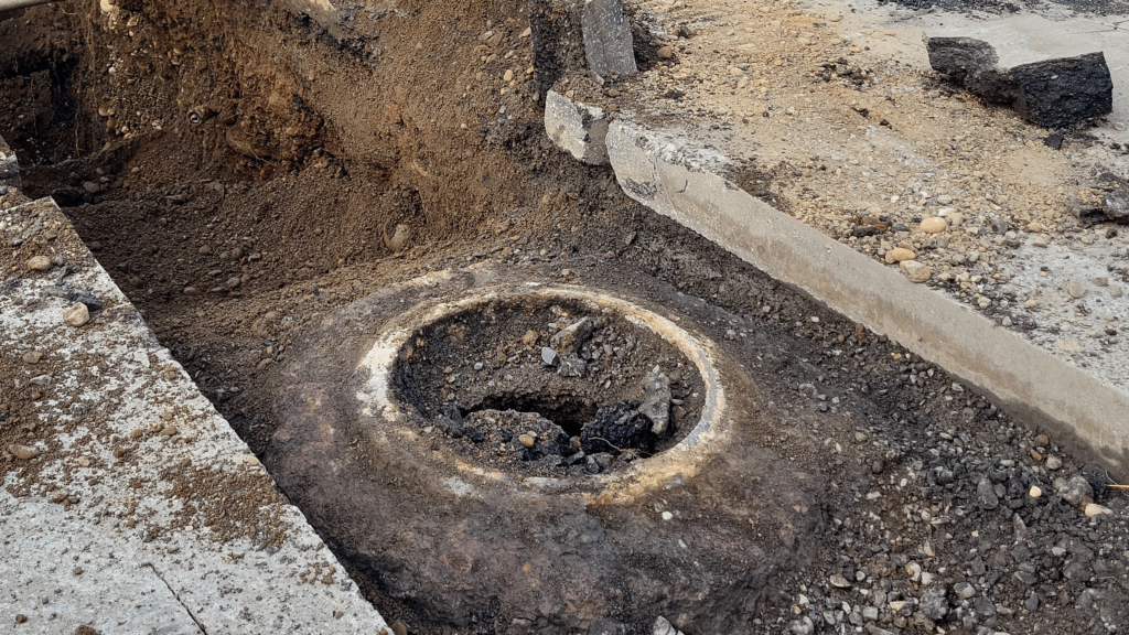 cistern underneath Main Street after being unearthed during construction work, showing dirt, rubble and round cistern