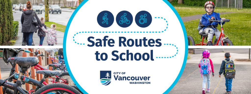 Safe Routes to School illustration and photo collage shows examples of walking, biking and rolling.