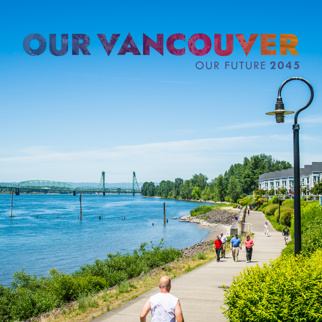 Our Vancouver logo and view of the Columbia River waterfront trail with walkers