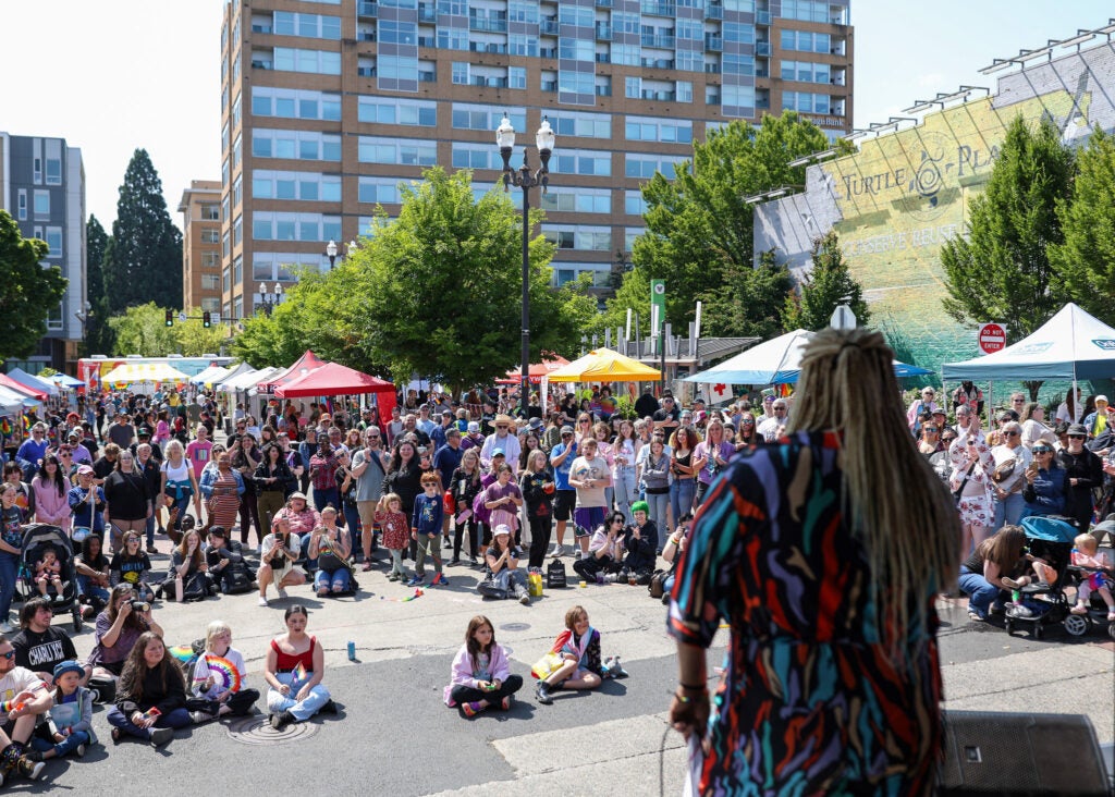 Performer on Main Stage at Vancouver Pride Block Party in downtown Vancouver