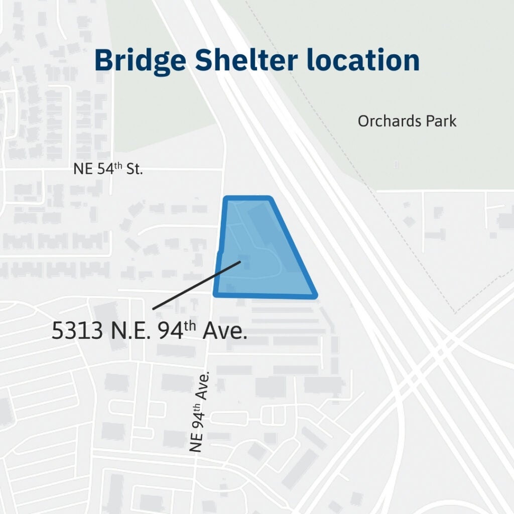 Bridge shelter location map showing the property outlined at 5313 N.E. 94th Avenue