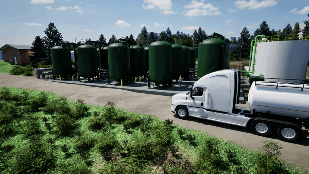 Water Station 4 with new pressure vessels to treat PFAS, white semi-truck parked next to vessels