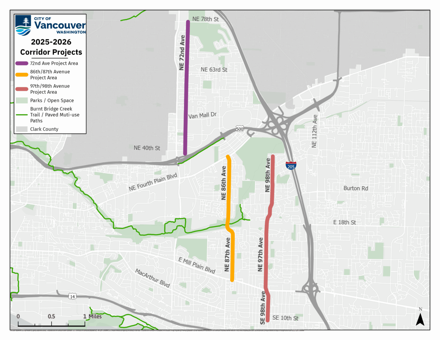 Map of the central NE section of the city of Vancouver highlighting 3 corridors: NE 72nd Ave from NE 78th St to NE 40th St, NE 86th/87th Ave from Fourth Plain Blvd to Mill Plain Blvd, and NE 97th/98th Ave from NE 39th St to SE 10th St.