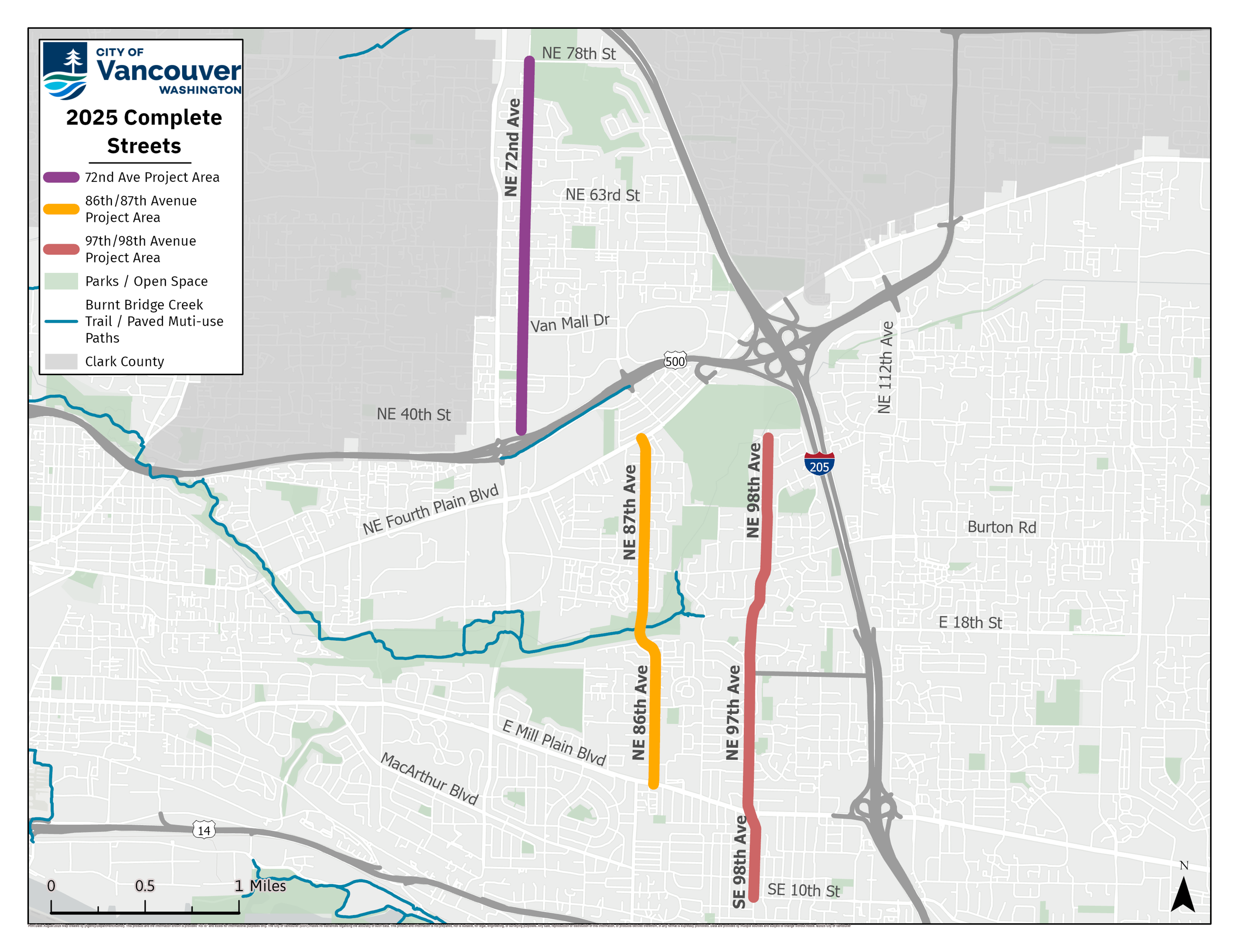 Map of the central NE section of the city of Vancouver highlighting 3 corridors: NE 72nd Ave from NE 78th St to NE 40th St, NE 86th/87th Ave from Fourth Plain Blvd to Mill Plain Blvd, and NE 97th/98th Ave from NE 39th St to SE 10th St.