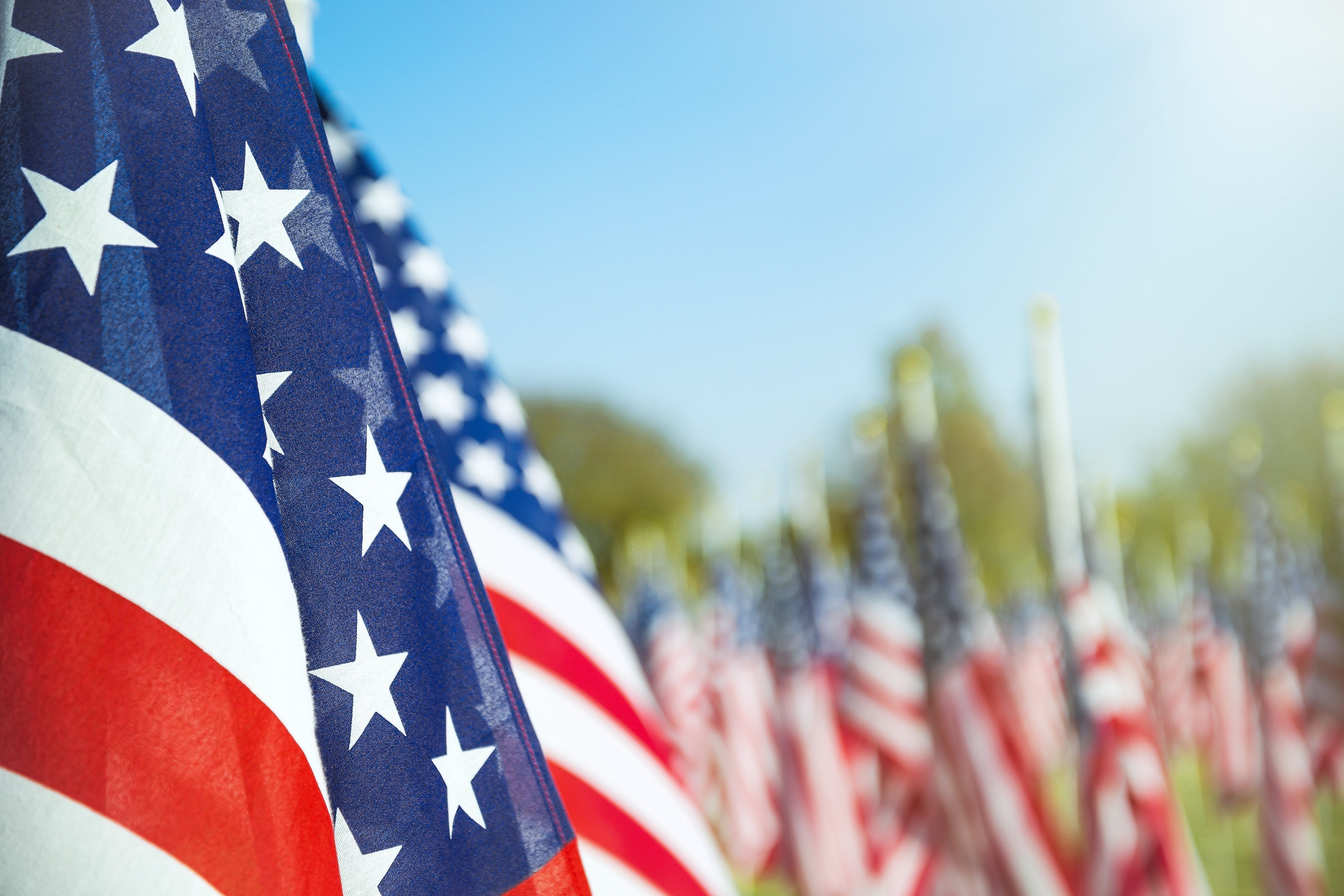 Closeup of an American flag in a row. Blue sky and flags in the background.