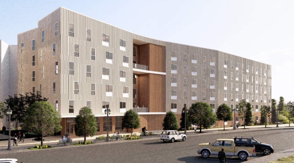Waterfront Gateway affordable housing rendering highlights natural timber features