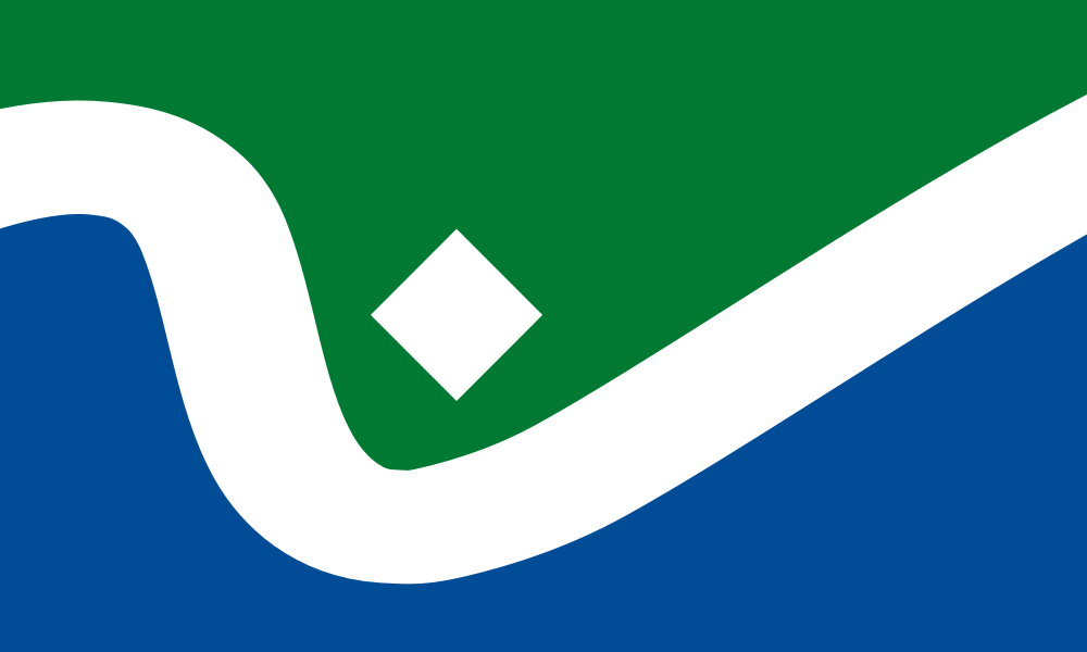 Flag shows green top, white diamond, white curving line, blue bottom