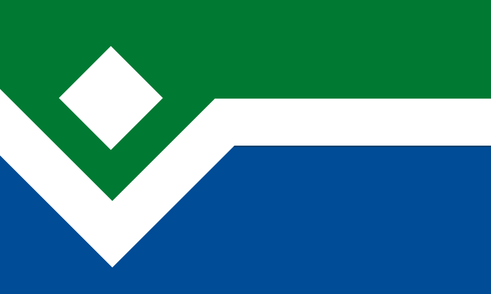 Flag shows green top, white diamond, white rigid curved line, blue bottom