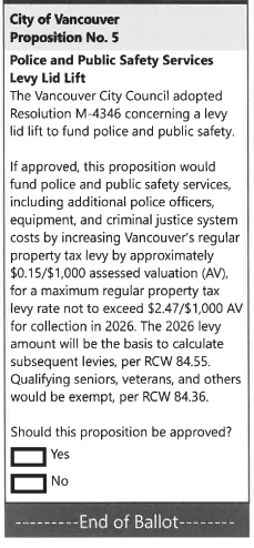 City of Vancouver Proposition No. 5 Police and Public Safety Services Levy Lid Lift. The Vancouver City Council adopted Resolution M-164-25 concerning a levy lid lift to fund police and public safety. If approved, this proposition would fund police and public safety services, including additional police officers, equipment, and criminal justice system costs by increasing Vancouver’s regular property tax by approximately $0.15/$1,000 assessed valuation, for a maximum regular property tax levy rate not to exceed $2.47/$1,000 for collection in 2026. The 2026 levy amount will be the basis to calculate subsequent levies, per RCW 84.55. Qualifying seniors, veterans, and others would be exempt, per RCW 84.36. Should this proposition be approved? Yes. No.