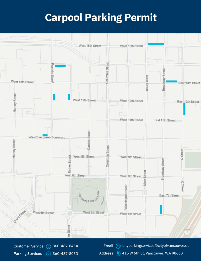 Carpool Parking Permit map highlights valid locations.