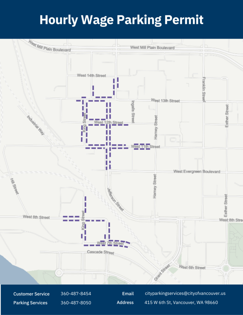 Hourly Wage Parking Permit map highlights valid areas.