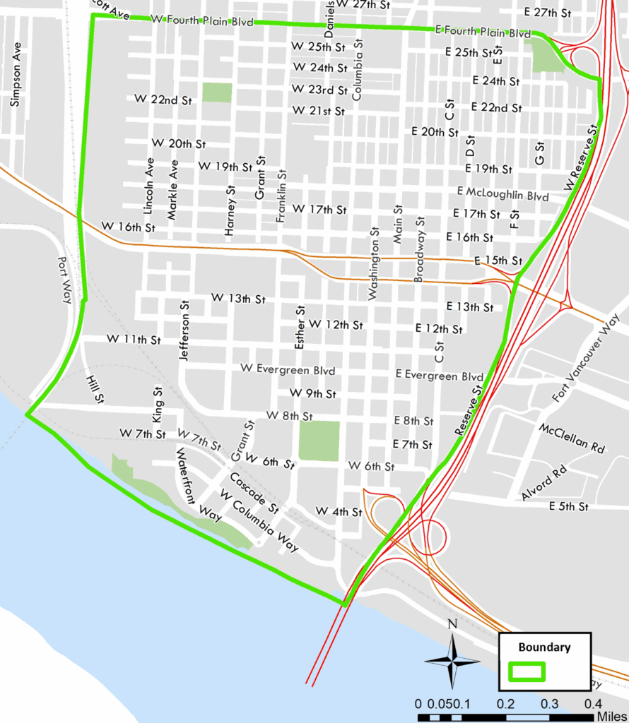 Map shows downtown parking with Fourth Plain Blvd as the North border, Reserve Street as the East border, the Columbia River as the South border and the train tracks East of Lincoln Ave as the East border.