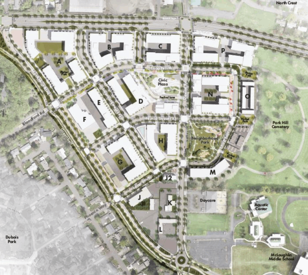 Aerial Heights District rendering showing buildings named A through N centered around a Civic Plaza and a Neighborhood Park, bordering Park Hill Cemetery to the East and McLoughlin Middle School to the South East.