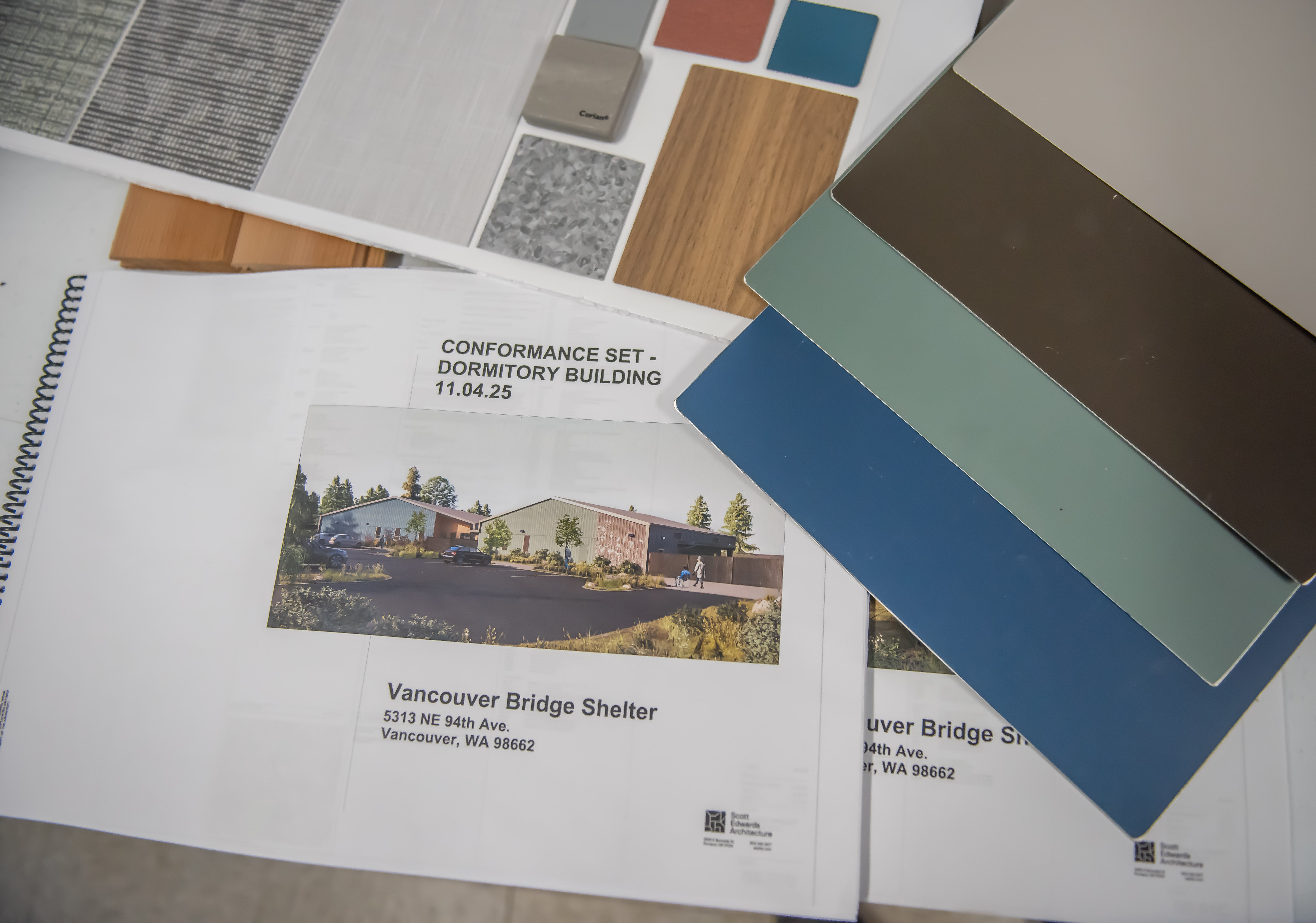 Bridge Shelter design documents and color/finish samples for Vancouver's new Bridge Shelter.