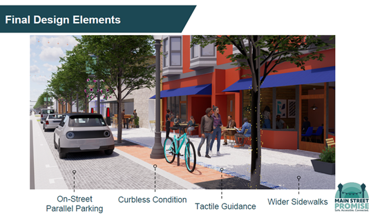 Street design showing on-steet parallel parking, curbless condition, tactile guidance, wider structures abutting buildings.
