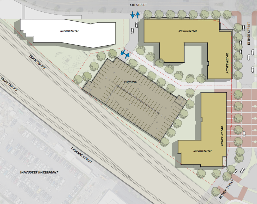 Parcel being developed between 6th Street, Esther Street and the train tracks show residential buildings with active retail as well as a parking lot.