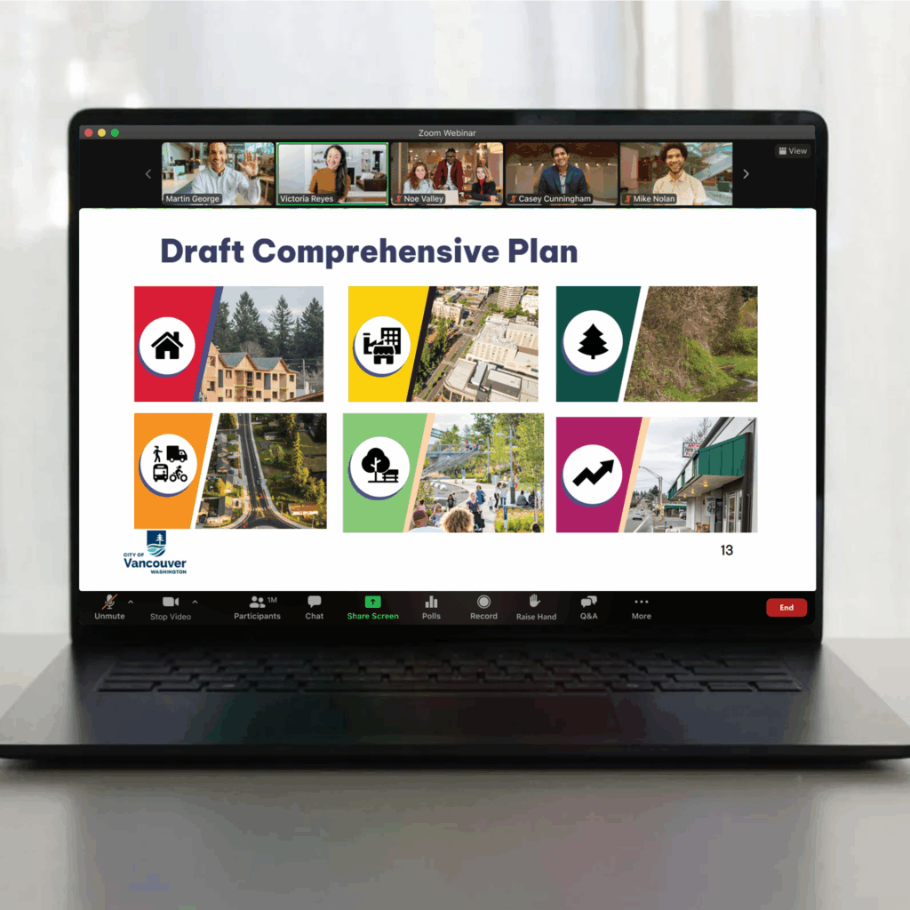 Laptop opened to a virtual meeting with tiles depicting various chapters of the Comprehensive Plan.
