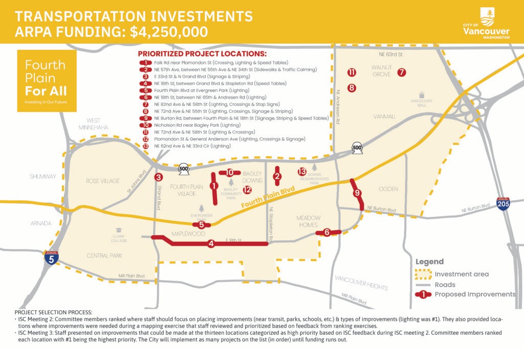 Map of listed transportation projects funded in the Fourth Plain For All area.