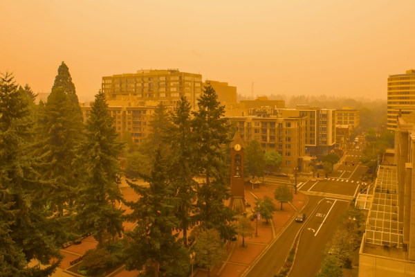 2020 wildfire smoke in the air over downtown Vancouver.