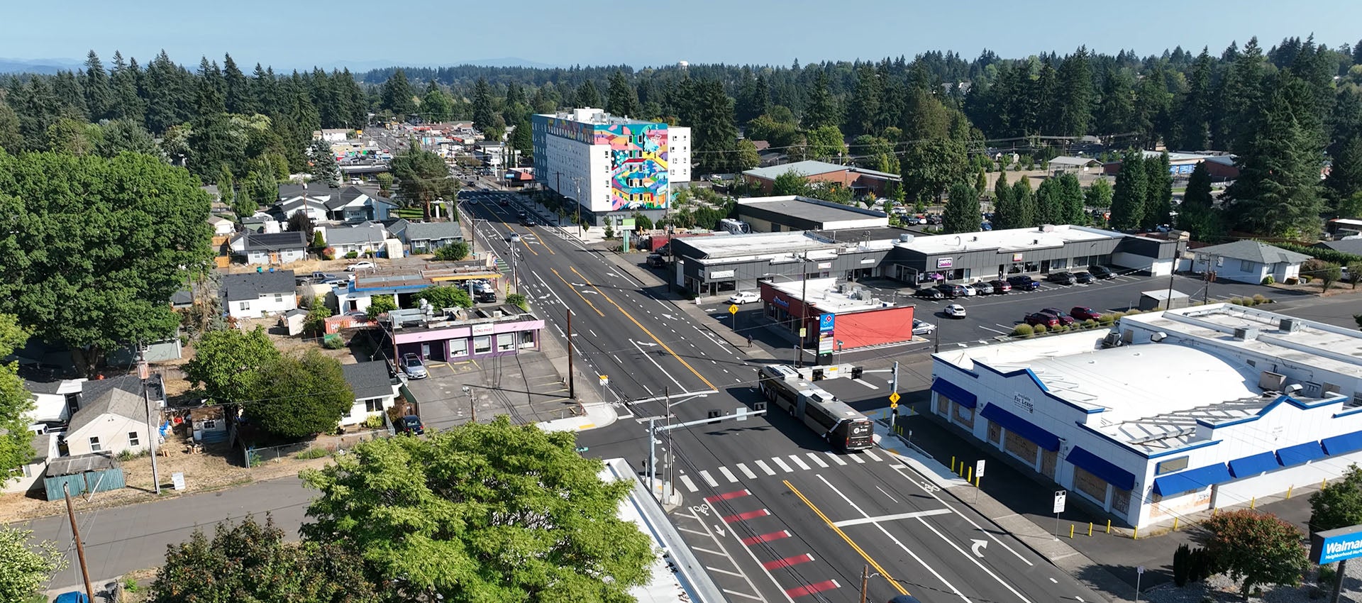 Aerial image of Fourth Plain showing focus on street markings and surrounding buildings