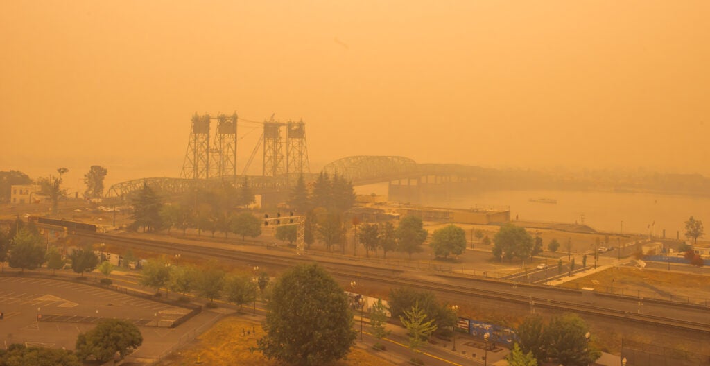 Wildfire smoke over the Interstate 5 and Columbia River in 2020.