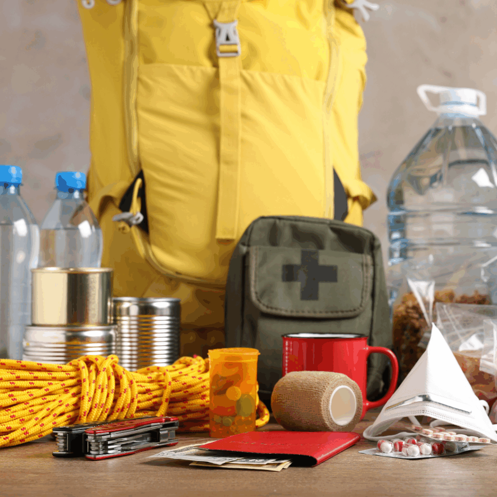 Emergency preparedness items including rope and bottled water.