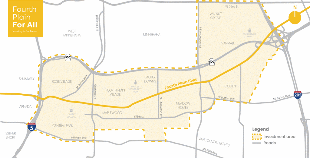 Businesses within the Fourth Plain for All project area are eligible for the Small Business Resiliency grant. The project area includes the neighborhoods north and south of Fourth Plain Boulevard between I-5 and I-205. 
