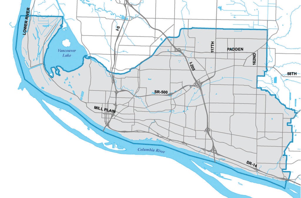 A map Vancouver's water service area, from west of Vancouver Lake to east of 192nd Avenue. The area stretches north into Clark County, past the City limits.