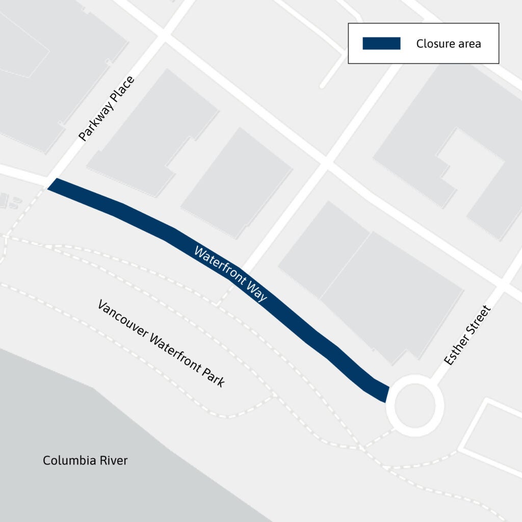 Map with a blue line indicating the Waterfront Way closure area between Parkway Place and Esther Street.